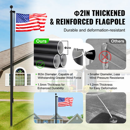 30FT Sectional Flag pole Kit, Heavy Duty Aluminum Alloy in Ground Flag poles for Outside, 3 Display Modes Flagpole with 3x5 American Flag, Professional Accessories, Black