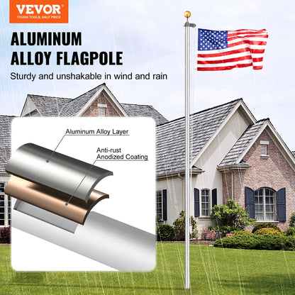25FT Detachable Flagpole Kit Heavy Duty Aluminum Flag Pole American Silver