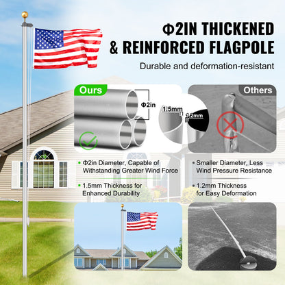 25FT Detachable Flagpole Kit Heavy Duty Aluminum Flag Pole American Silver