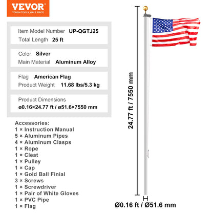 25FT Detachable Flagpole Kit Heavy Duty Aluminum Flag Pole American Silver