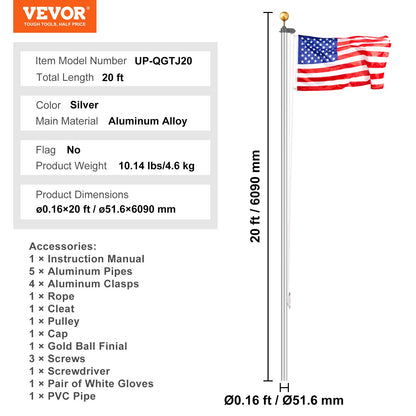 20FT Detachable Flagpole Kit Heavy Duty Aluminum Flagpole Silver
