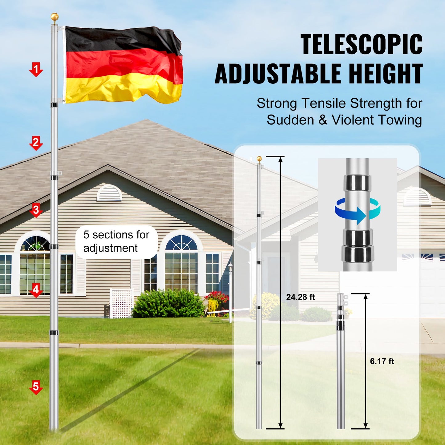 25FT Teleskop Fahnenmast Kit Heavy Duty Aluminium Fahnenmast Deutsch Silber