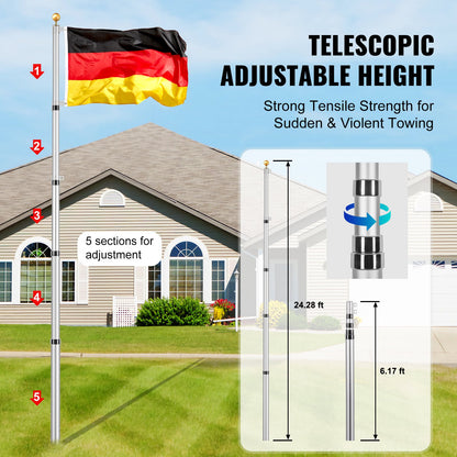 25FT Teleskop Fahnenmast Kit Heavy Duty Aluminium Fahnenmast Deutsch Silber