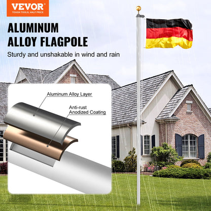 25FT Abnehmbare Fahnenmast Kit Heavy Duty Aluminium Fahnenmast Deutsch Silber