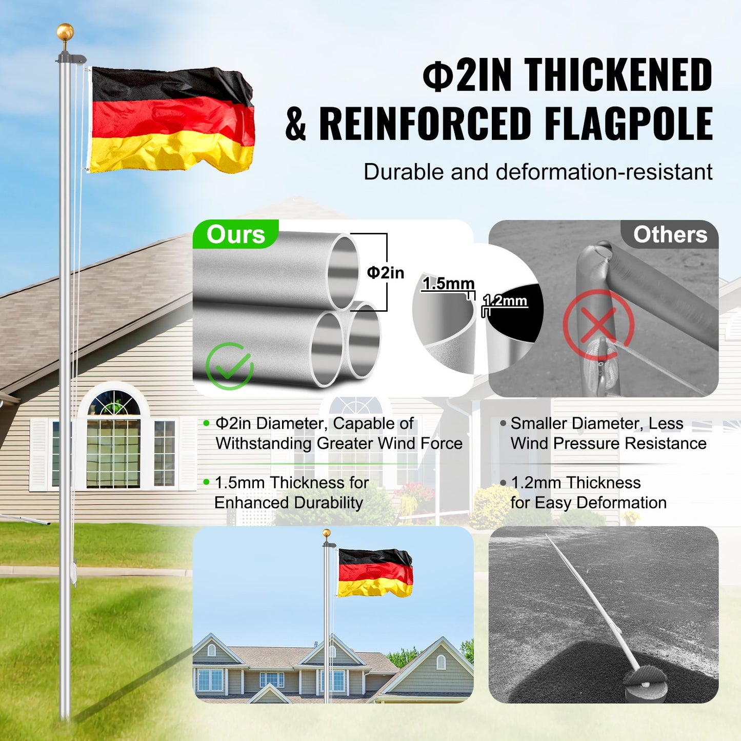 25FT Abnehmbare Fahnenmast Kit Heavy Duty Aluminium Fahnenmast Deutsch Silber