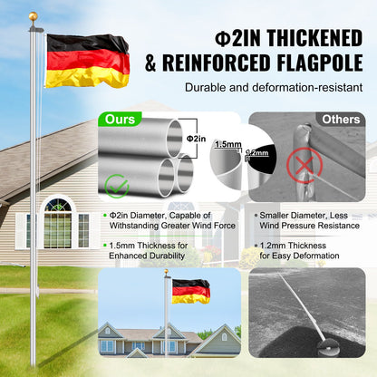 25FT Abnehmbare Fahnenmast Kit Heavy Duty Aluminium Fahnenmast Deutsch Silber