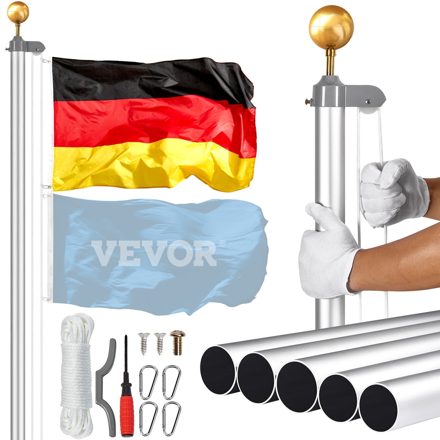 25FT Abnehmbare Fahnenmast Kit Heavy Duty Aluminium Fahnenmast Deutsch Silber