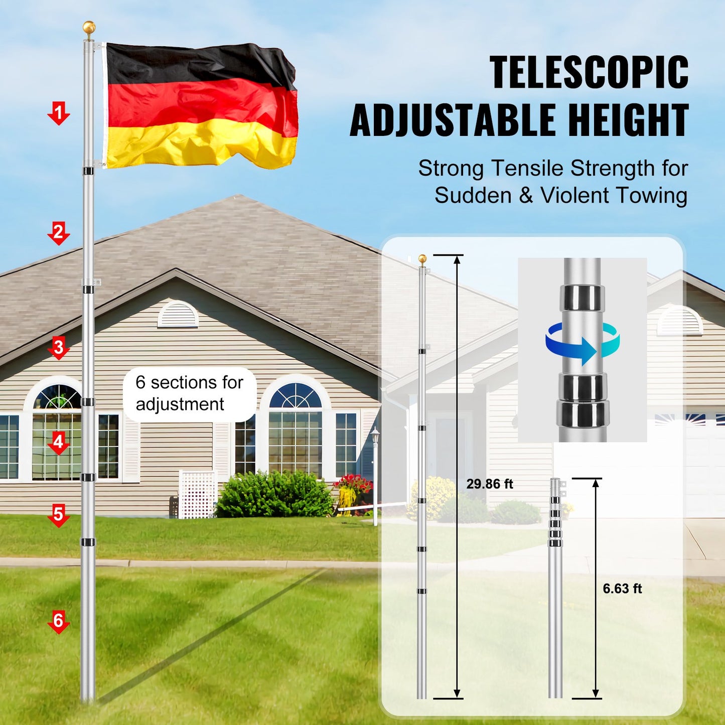 30FT Teleskop Fahnenmast Kit Heavy Duty Aluminium Fahnenmast Deutsch Silber