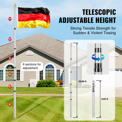 30FT Teleskop Fahnenmast Kit Heavy Duty Aluminium Fahnenmast Deutsch Silber