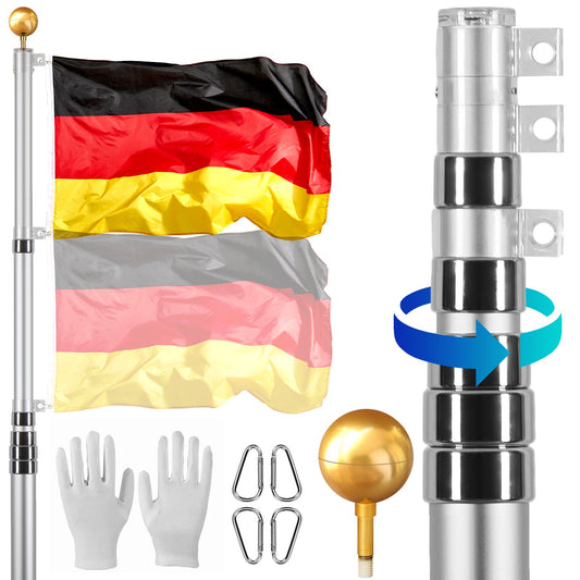 30FT Teleskop Fahnenmast Kit Heavy Duty Aluminium Fahnenmast Deutsch Silber