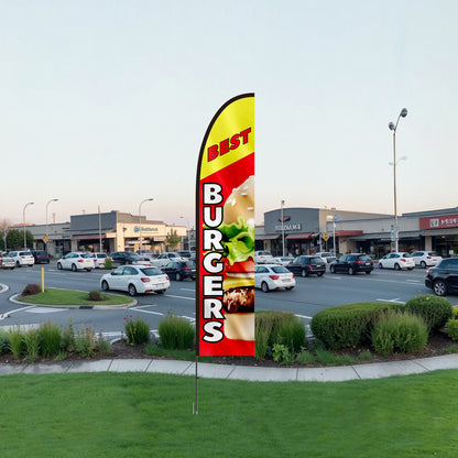 Burger Restaurant Advertising Feather Flag with Pole Kit, Advertising Flags for Business Outside, Includes 1 Banner Flag, 1 Pole, 1 Ground Stake, Swooper Flag for Businesses 16.3 FT