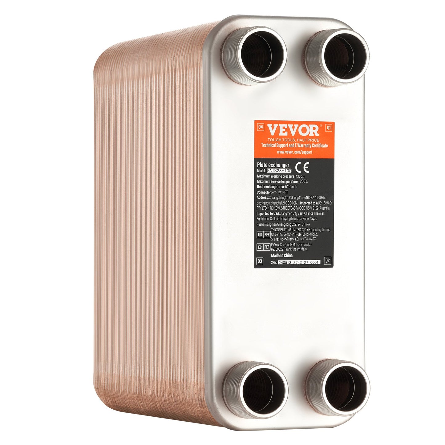 100 plattvärmeväxlare 4*1-1/4" MNPT-portar 5"x 12" lödda 316L St. Stål