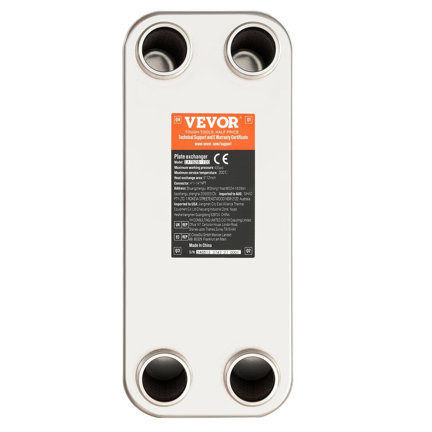 100 plattvärmeväxlare 4*1-1/4" MNPT-portar 5"x 12" lödda 316L St. Stål