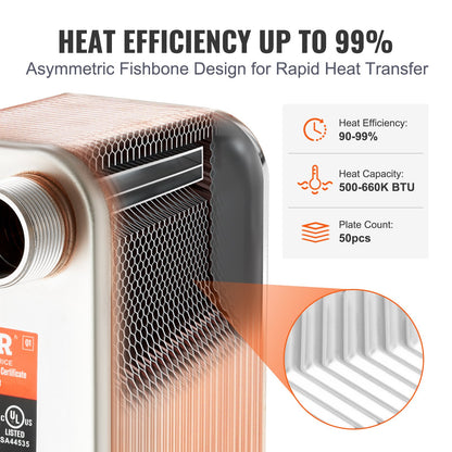 Heat Exchanger, 5"x 12" 50 Plates Brazed Plate Heat Exchanger, Copper/316L Stainless Steel Water To Water Heat Exchanger For Floor Heating, Water Heating, Snow Melting, Beer Cooling