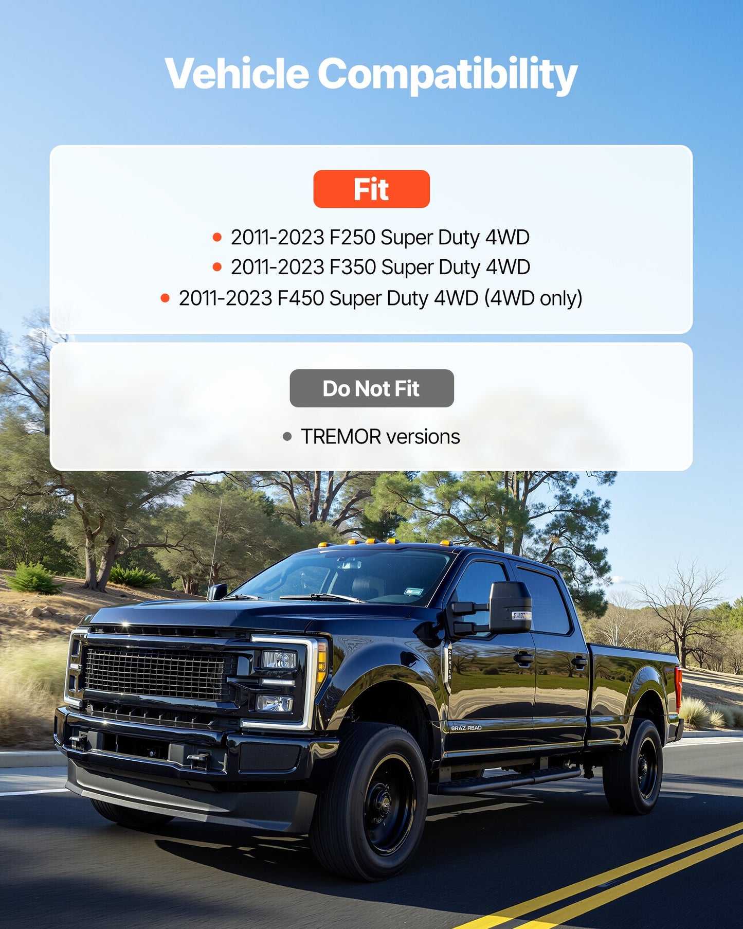2.5 Inch Front Leveling Lift Kit for 2011-2023 Ford F250 F350 F450 Super Duty 4WD Models, Chassis Level Kit with Track Bar Relocation Bracket, Coil Spring Spacers, Isolators, Shock Extenders