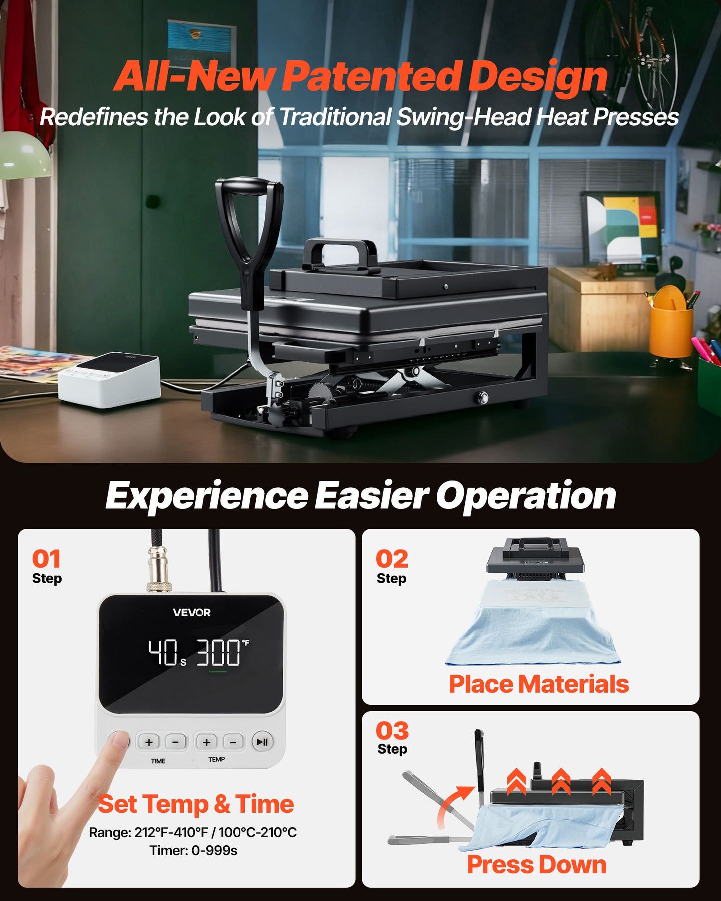 Hybrid Heat Press, 15 x 15 inch, 8-in-1 Multifunction, Heat Up Fast and Even, All-New Patented Design, Easy to Control, Sublimation Press Machine for T-shirts/Mugs/Tumblers/Caps/Plates, Black