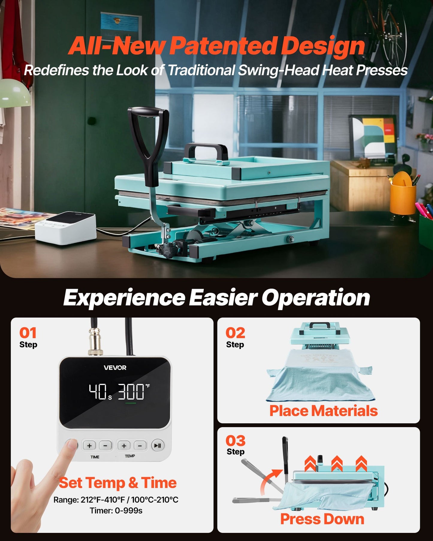 Hybrid Heat Press, 15 x 15 inch, 8-in-1 Multifunction, Heat Up Fast and Even, All-New Patented Design, Easy to Control, Sublimation Press Machine for T-shirts/Tumblers/Caps/Plates, Light Green