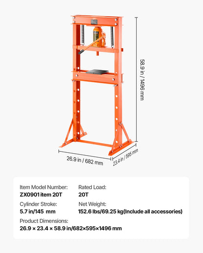 20 T Hydraulic Shop Press Hydraulic Press med pressplatta för bockning