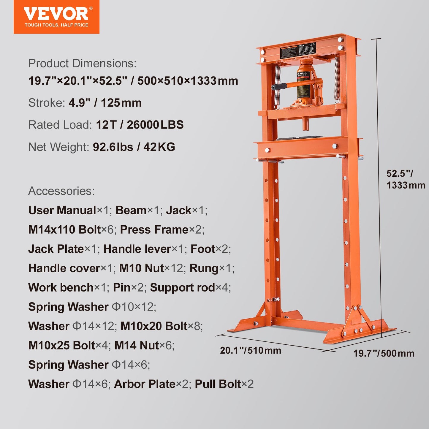 Hydraulic Shop Press, 12 Ton H-Frame Hydraulic Garage/Shop Floor Press, Adjustable Shop Press with Press Plates, Heavy Duty Hydraulic Press for Garage, Shop, Workshop