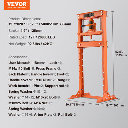 Hydraulic Shop Press, 12 Ton H-Frame Hydraulic Garage/Shop Floor Press, Adjustable Shop Press with Press Plates, Heavy Duty Hydraulic Press for Garage, Shop, Workshop