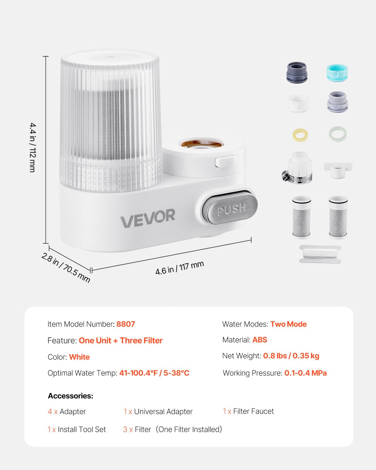 Faucet Mount Water Filter, Vertical Water Purifier for Sink Tap, Carbon Fiber Filter, Removes Chlorine Lead with 3 Filters, Fits Most Kitchen or Bathroom Faucets, White
