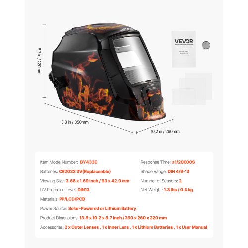 svetshjälm automatisk nedbländning, 93 x 43 mm svetshuva i äkta färg, soldriven svetsmask med 2 ljusbågssensorer, skugga 4/9-13 för TIG MIG ARC-svetsning och slipning - CRIUS-serien (gult flammönster) |  EU
