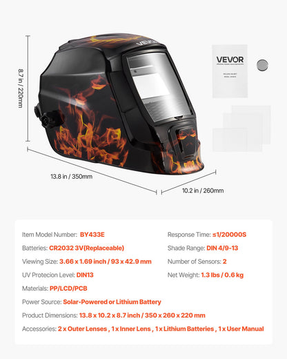 Welding Helmet Auto Darkening, 3.66" x 1.69" True Color Welding Hood, Solar-Powered Welder Mask 2 Arc Sensors, Shade 4/9-13 for TIG MIG ARC Weld Grinding - CRIUS Series (Yellow Flame Pattern)