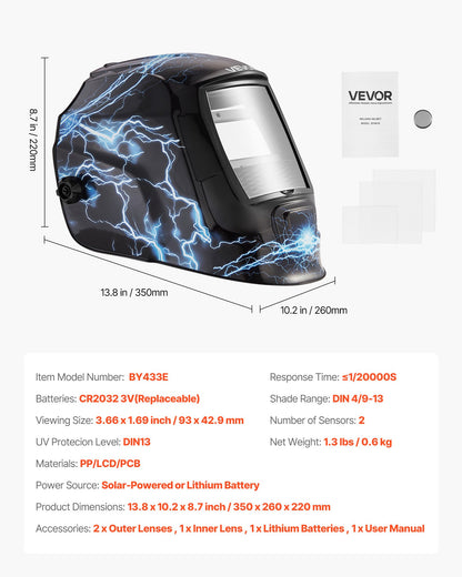 Welding Helmet Auto Darkening, 3.66" x 1.69" True Color Welding Hood, Solar Powered Welder Mask 2 Arc Sensors, Shade 4/9-13 for TIG MIG ARC Weld Grinding - CRIUS Series (Blue Lightning Pattern)
