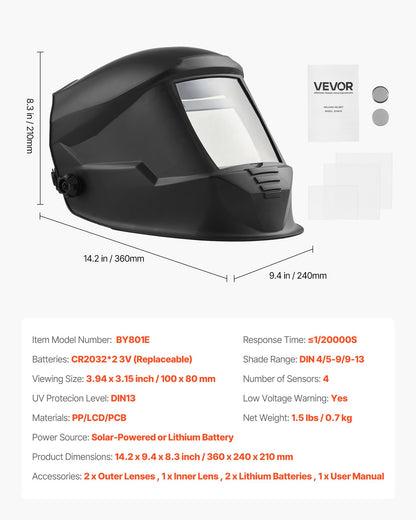 Welding Helmet Auto Darkening, 3.94" x 3.15" True Color Welding Hood, Solar-Powered Welder Mask 4 Arc Sensors, Wide Shade 4/5-9/9-13 for TIG MIG Weld Cutting Grinding Application - METIS Series