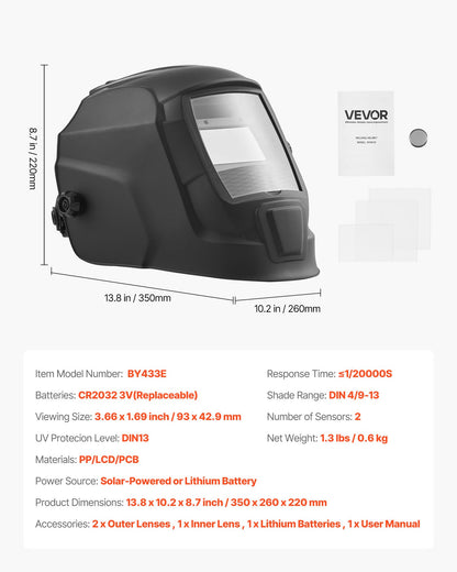 Welding Helmet Auto Darkening, 3.66" x 1.69" True Color Welding Hood, Solar Powered Welder Mask 2 Arc Sensors, Shade 4/9-13 for TIG MIG ARC Weld Grinding - CRIUS Series (Matte Black)