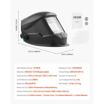 svetshjälm automatisk nedbländning, 100 x 59,4 mm svetshuva i äkta färg, soldriven svetsmask med 4 ljusbågssensorer, bred skugga 4/5-9/9-13 för TIG MIG ARC-svetsning, slipning, skärning - METIS-serien |  EU