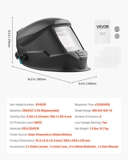 Welding Helmet Auto Darkening, 3.94" x 2.34" True Color Welding Hood, Solar-Powered Welder Mask with 4 Arc Sensors, Wide Shade 4/5-9/9-13 for TIG MIG ARC Weld Grinding Cutting - METIS Series