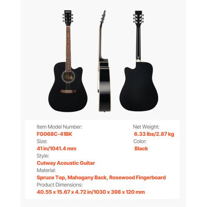 41-Zoll-Cutway-Akustikgitarre, Anfänger-Set mit Gigbag für Erwachsene, Schwarz