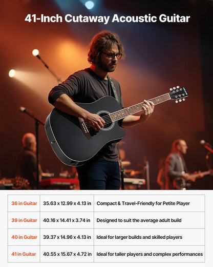 Cutway Acoustic Guitar, 41 in, 6-String Black Solid Spruce Top Guitar, Beginner Bundle with Gig Bag, Tuner, Strap, Strings, Picks, Capo, Rosewood Fingerboard, for Adult Fingerstyle Solo Jazz