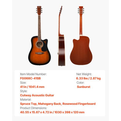 41-Zoll-Cutway-Akustikgitarre, Anfänger-Set, Gigbag für Erwachsene, Sunburst