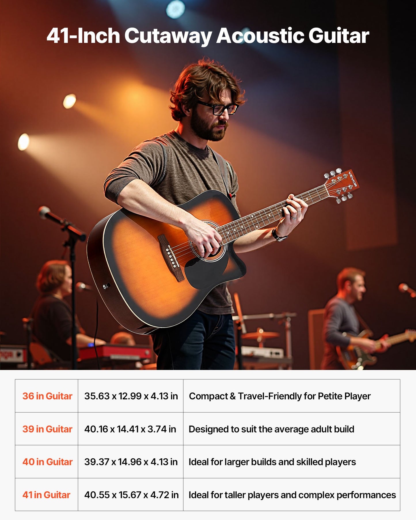 41 in Cutway Acoustic Guitar, 6-String, Sunburst Solid Spruce Top Guitar, Beginner Bundle with Gig Bag, Tuner, Strap, Steel Strings, Picks, Capo, Rosewood Fingerboard, for Fingerstyle Solo Jazz