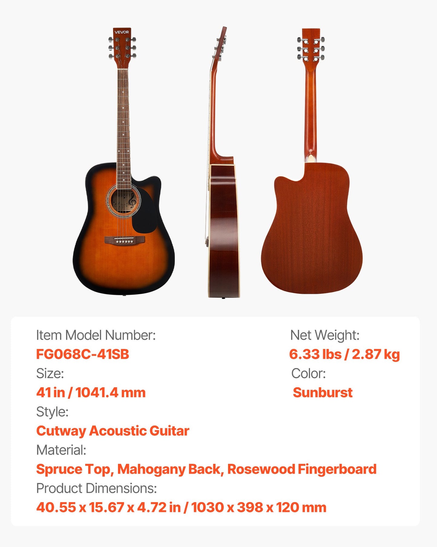 41 in Cutway Acoustic Guitar, 6-String, Sunburst Solid Spruce Top Guitar, Beginner Bundle with Gig Bag, Tuner, Strap, Steel Strings, Picks, Capo, Rosewood Fingerboard, for Fingerstyle Solo Jazz