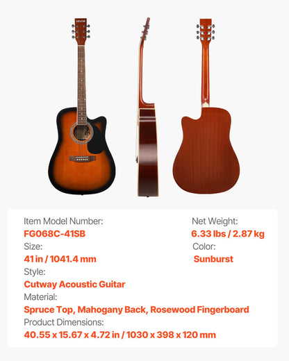 41 in Cutway Acoustic Guitar, 6-String, Sunburst Solid Spruce Top Guitar, Beginner Bundle with Gig Bag, Tuner, Strap, Steel Strings, Picks, Capo, Rosewood Fingerboard, for Fingerstyle Solo Jazz