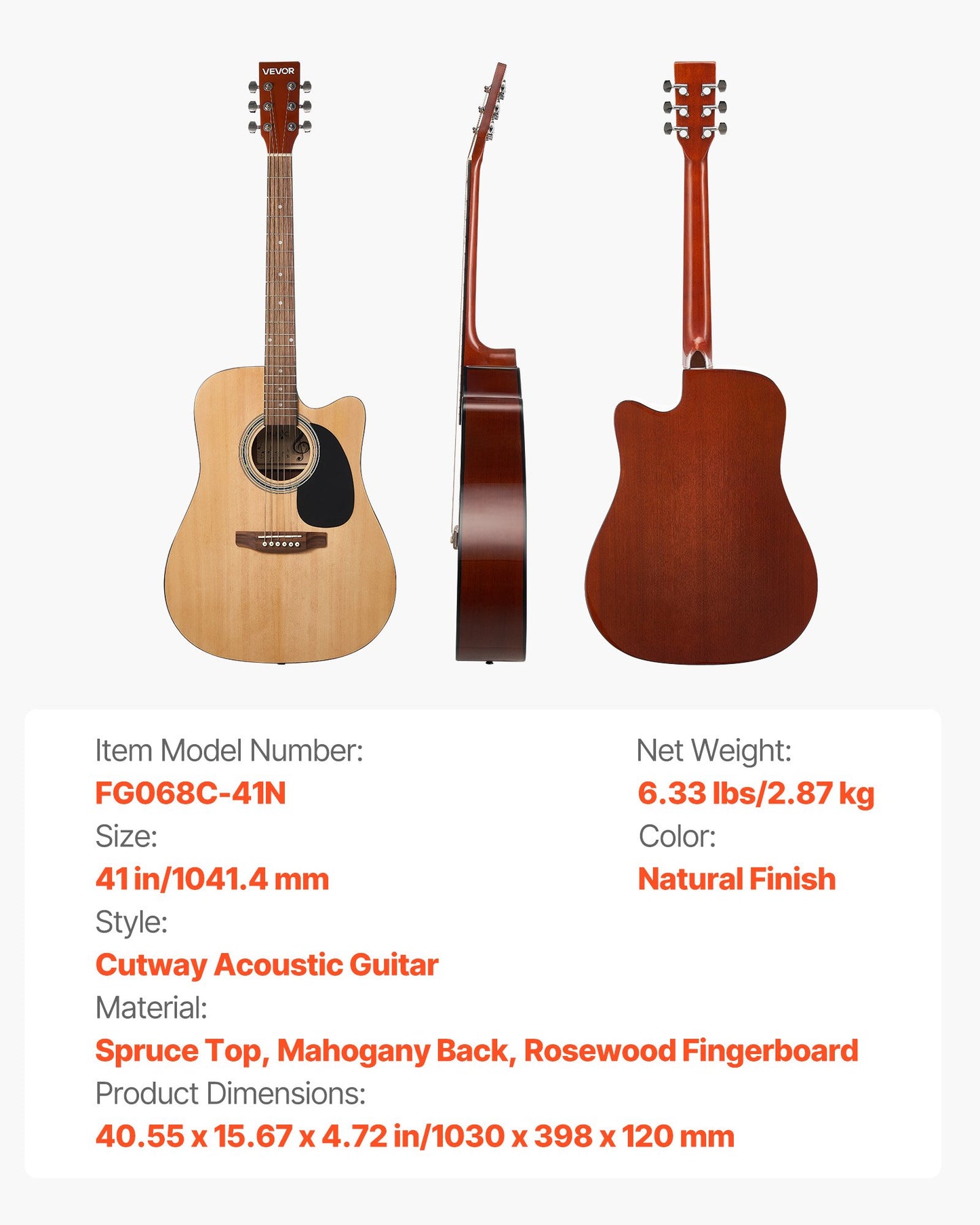 Cutway Acoustic Guitar, 41 in, 6-String, Natural Solid Spruce Top Guitar, Beginner Bundle with Gig Bag, Tuner, Strap, Steel Strings, Picks, Capo, Rosewood Fingerboard, for Fingerstyle Solo Jazz