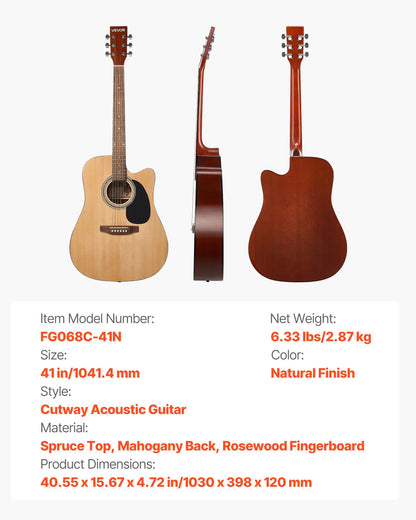 Cutway Acoustic Guitar, 41 in, 6-String, Natural Solid Spruce Top Guitar, Beginner Bundle with Gig Bag, Tuner, Strap, Steel Strings, Picks, Capo, Rosewood Fingerboard, for Fingerstyle Solo Jazz