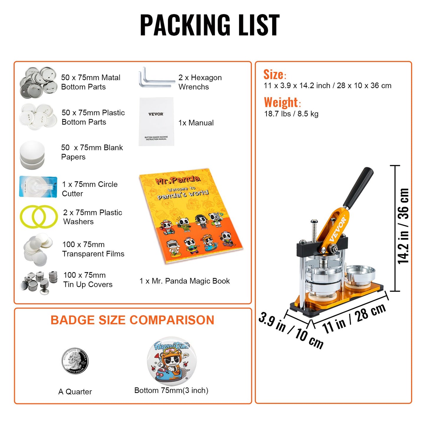 Button Maker Machine, 75mm (3 inch) Badge Punch Press Kit, Kids DIY Gifts Pin Maker, Button Making Accessories with 100pcs Button Parts &amp; Circle Cutter &amp; Magic Book