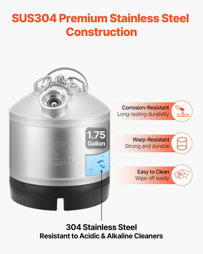 Cleaning Keg, 1.75 Gallon/6.5L Keg Line Cleaning Kit with D Coupler Connection & Rubber Base, Beer Lines Cleaner Used for Beer Line Cleaning, 304Stainless Steel Kegerator Beers Lines Cleaner Kit