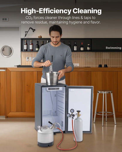 Cleaning Keg, 1.75 Gallon/6.5L Keg Line Cleaning Kit with D Coupler Connection & Rubber Base, Beer Lines Cleaner Used for Beer Line Cleaning, 304Stainless Steel Kegerator Beers Lines Cleaner Kit