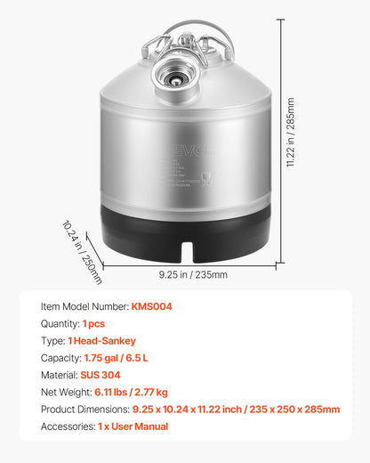 Cleaning Keg, 1.75 Gallon/6.5L Keg Line Cleaning Kit with D Coupler Connection & Rubber Base, Beer Lines Cleaner Used for Beer Line Cleaning, 304Stainless Steel Kegerator Beers Lines Cleaner Kit