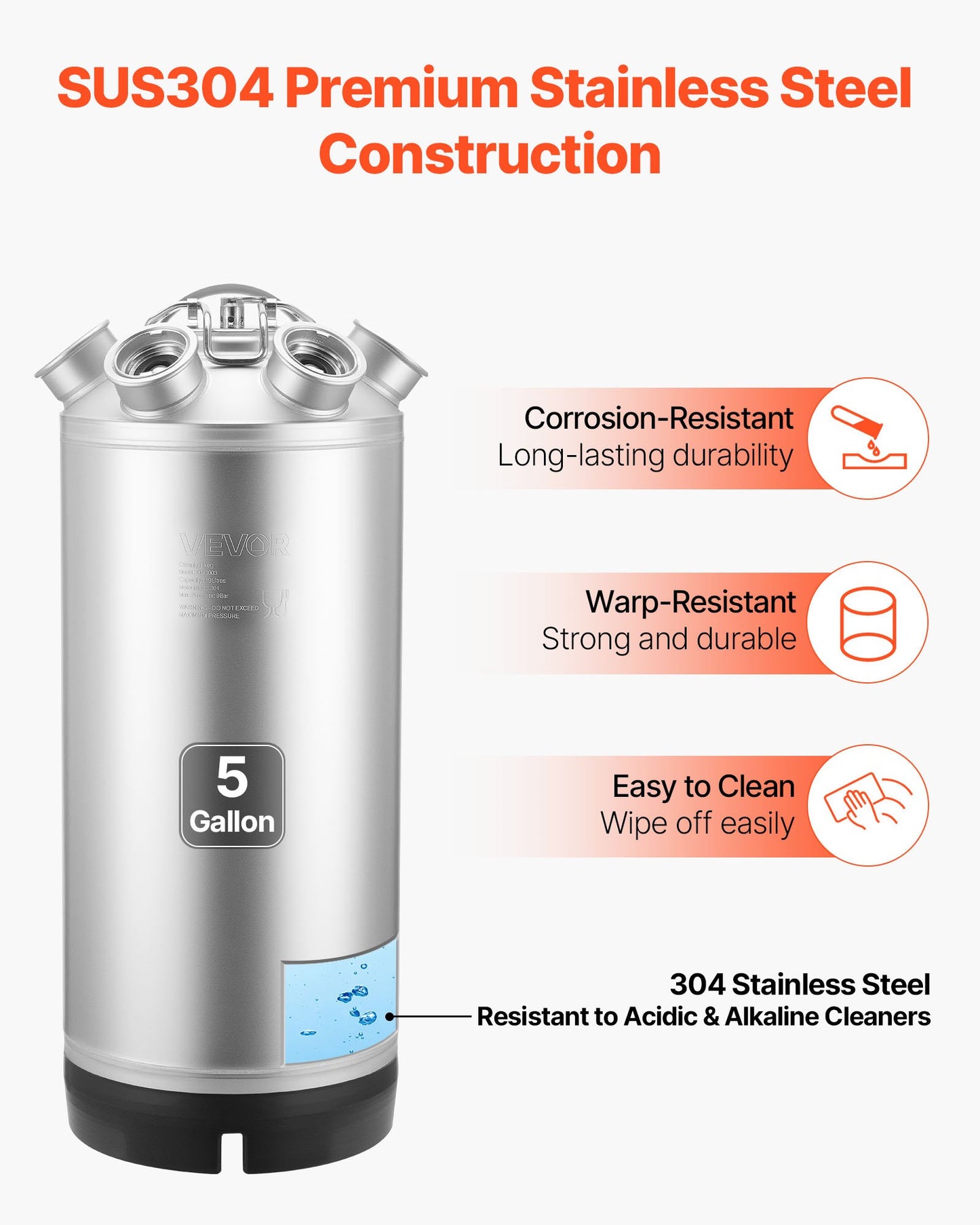 Cleaning Keg, 5 Gallon/19L Keg Line Cleaning Kit with 4 D Coupler Connections & Rubber Base, Beer Lines Cleaner Used for Beer Line Cleaning, 304 Stainless Steel Kegerator Beers Lines Cleaner Kit