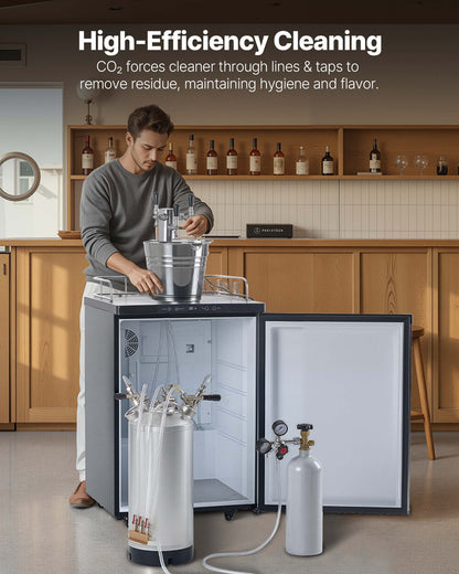 Cleaning Keg, 5 Gallon/19L Keg Line Cleaning Kit with 4 D Coupler Connections & Rubber Base, Beer Lines Cleaner Used for Beer Line Cleaning, 304 Stainless Steel Kegerator Beers Lines Cleaner Kit