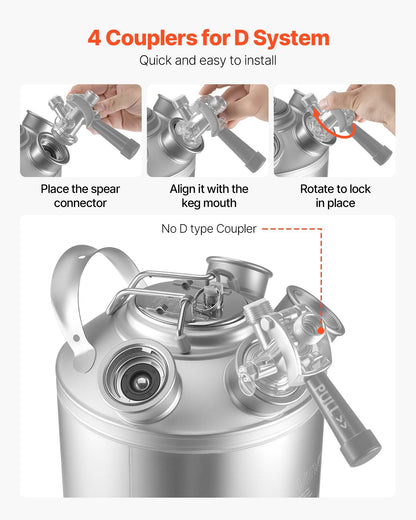 Cleaning Keg, 5 Gallon/19L Keg Line Cleaning Kit with 4 D Coupler Connections & Rubber Base, Beer Lines Cleaner Used for Beer Line Cleaning, 304 Stainless Steel Kegerator Beers Lines Cleaner Kit