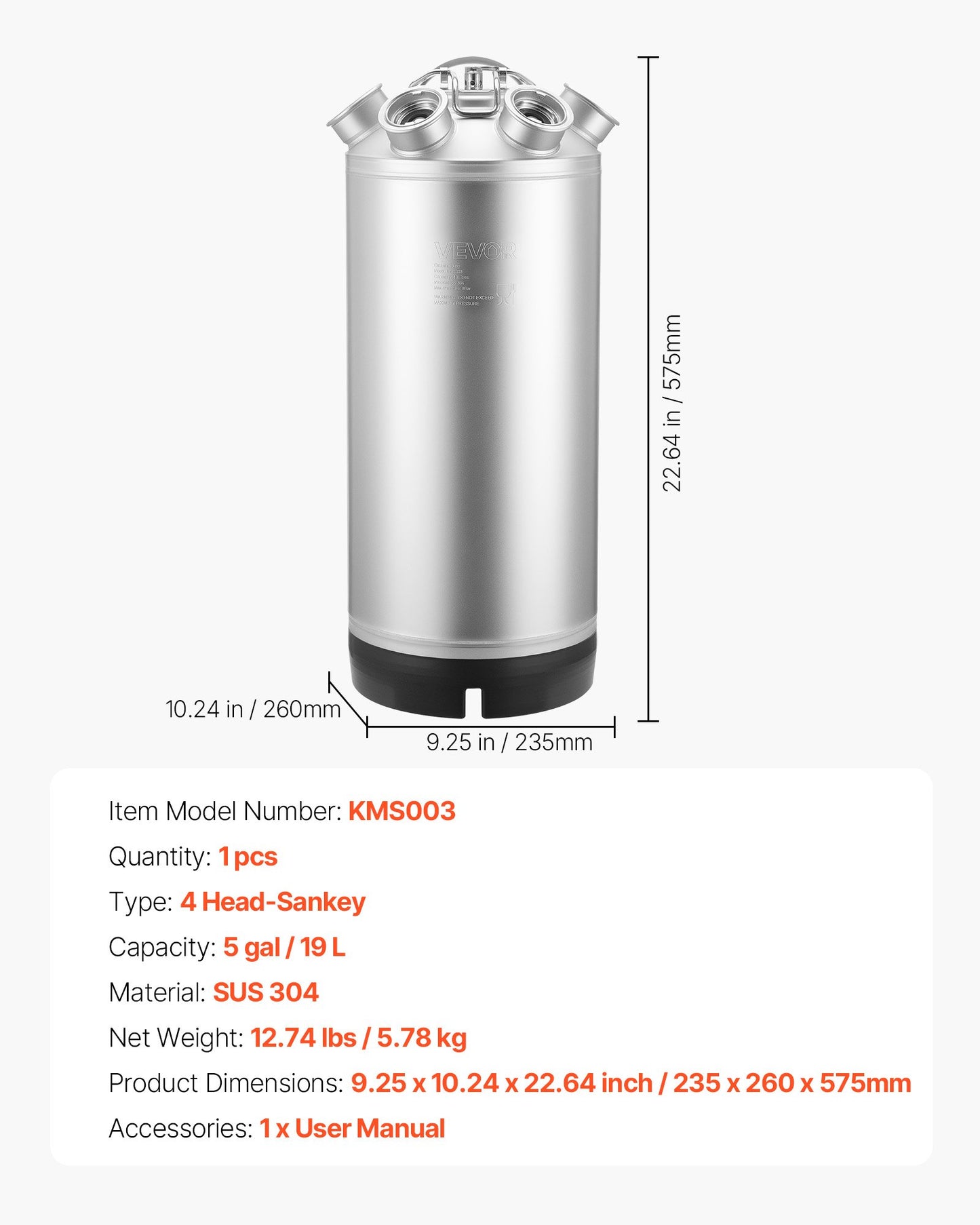 Cleaning Keg, 5 Gallon/19L Keg Line Cleaning Kit with 4 D Coupler Connections & Rubber Base, Beer Lines Cleaner Used for Beer Line Cleaning, 304 Stainless Steel Kegerator Beers Lines Cleaner Kit