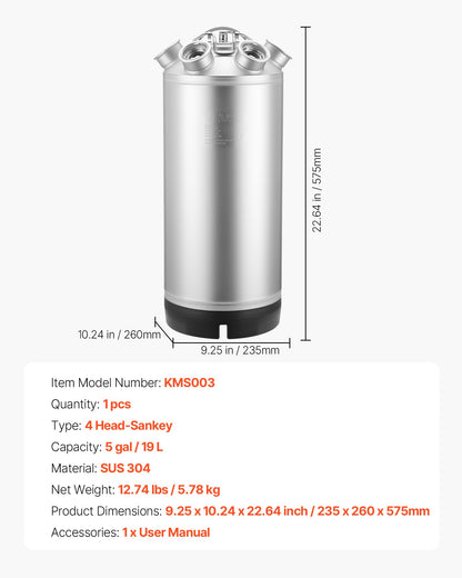 Cleaning Keg, 5 Gallon/19L Keg Line Cleaning Kit with 4 D Coupler Connections & Rubber Base, Beer Lines Cleaner Used for Beer Line Cleaning, 304 Stainless Steel Kegerator Beers Lines Cleaner Kit
