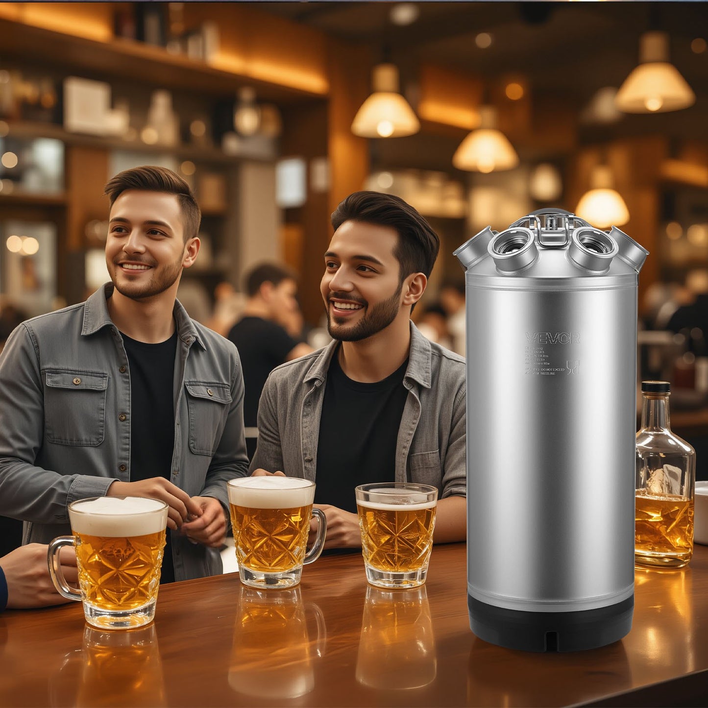 Cleaning Keg, 5 Gallon/19L Keg Line Cleaning Kit with 4 D Coupler Connections & Rubber Base, Beer Lines Cleaner Used for Beer Line Cleaning, 304 Stainless Steel Kegerator Beers Lines Cleaner Kit